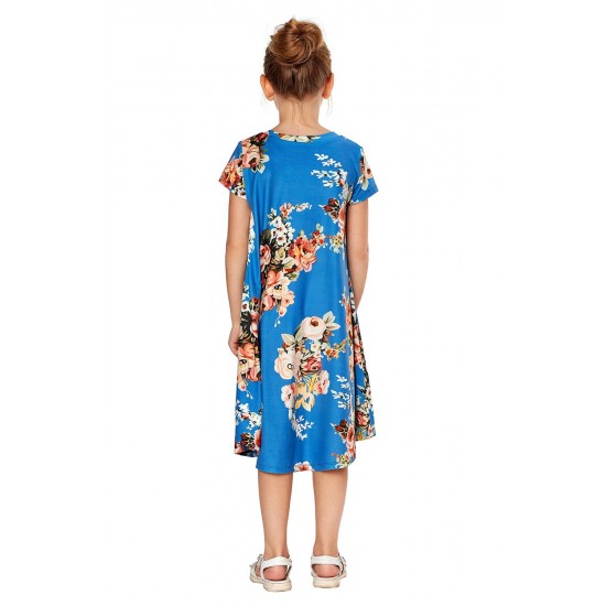 Blue Short Sleeve Floral Print Toddler Dress