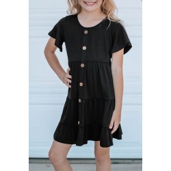 Black Flutter Sleeves Tiered Girls' Dress with Buttons