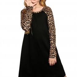 Black Leopard Patchwork Girl's Long Sleeve Dress