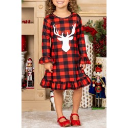 Girls Plaid Reindeer Graphic Ruffled Dress