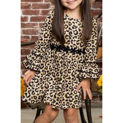 Girls Hi-lo Crochet Trim Ruffled Sleeve Leopard Dress