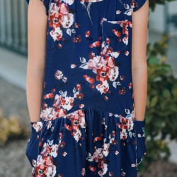 Blue Floral Print Pocketed Ruffled Short Sleeve Girl's Mini Dress