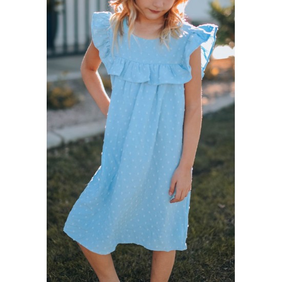Sky Blue Swiss Dot Pattern Ruffles Little Girl Dress