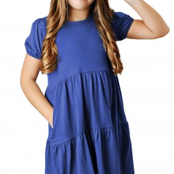 Blue Little Girl Tiered T Shirt Dress with Pockets