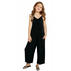 Black Spaghetti Strap Wide Leg Girl's Jumpsuit with Pocket