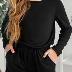 Black Solid Color Long Sleeve Elastic Waist Pocket Girl’s Romper