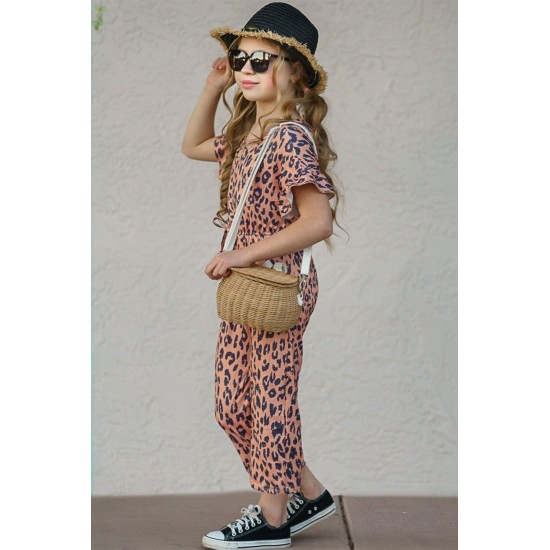 Little Girl Wild Leopard Flutter Sleeve Jumpsuit