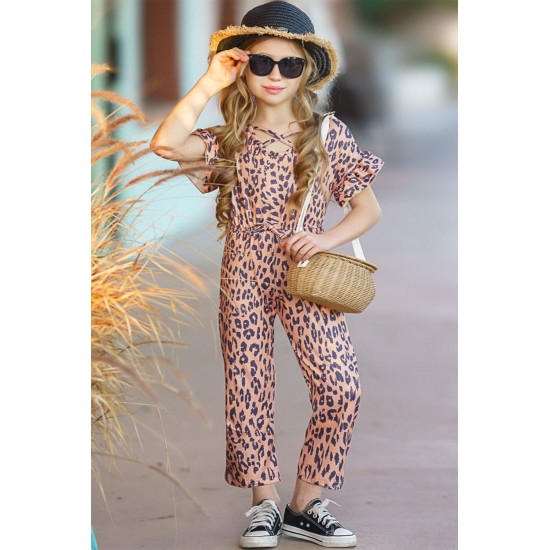 Little Girl Wild Leopard Flutter Sleeve Jumpsuit