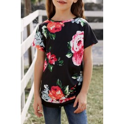 Black Blooming Floral Little Girls’ T-shirt
