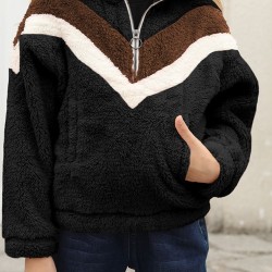 Black Stripe Color Block Half Zip Girl Fleece Sweatshirt with Pocket