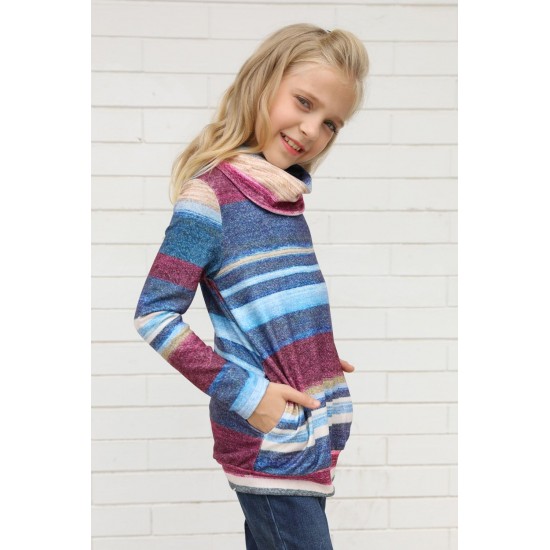 Blue Cowl Neck Girl's Striped Sweatshirt