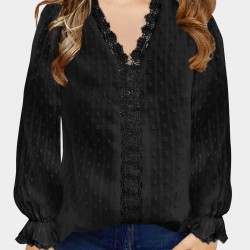 Black Little Girls Swiss Dot Pattern Crochet Trim Shirt