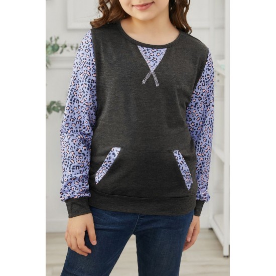 Gray Leopard Raglan Sleeve Patchwork Little Girl Sweatshirt